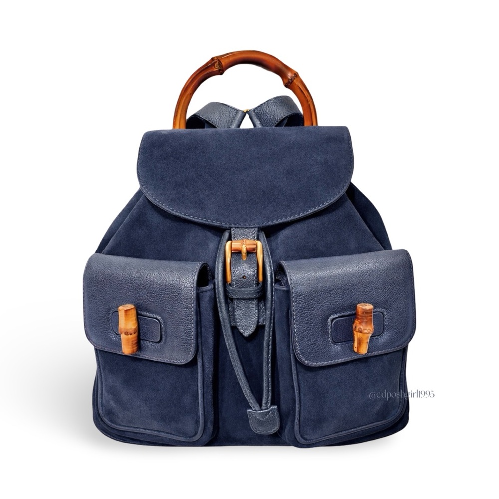 Gucci Tom Ford Vintage 90s Navy Blue Bamboo Backpack Nubuck Suede